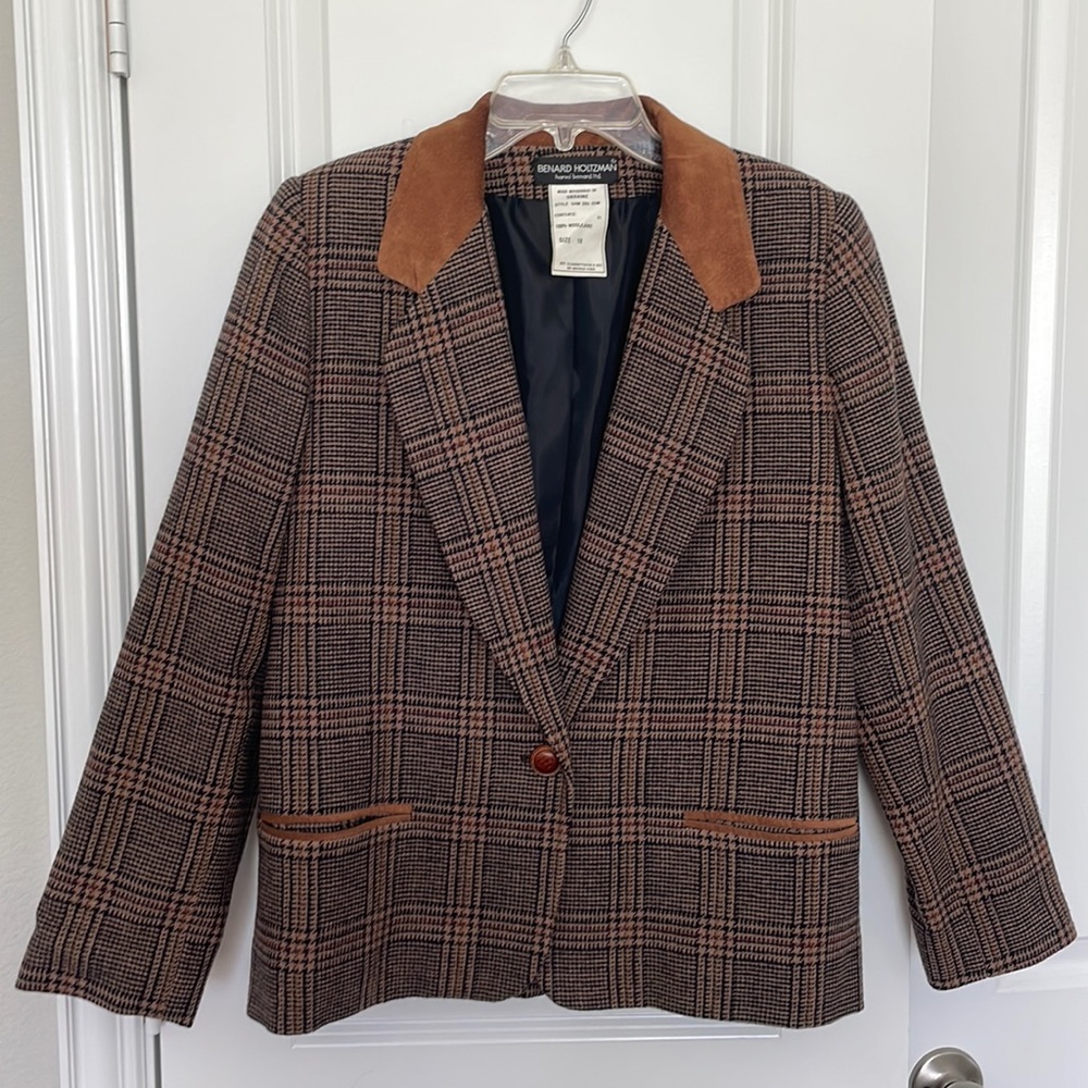 Bernard Holtzman | Tan Tweed Wool Blazer w/ Suede Collar & Pocket Trim | sz 10